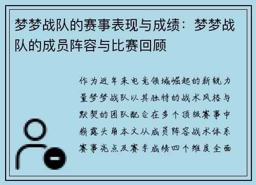 梦梦战队的赛事表现与成绩：梦梦战队的成员阵容与比赛回顾