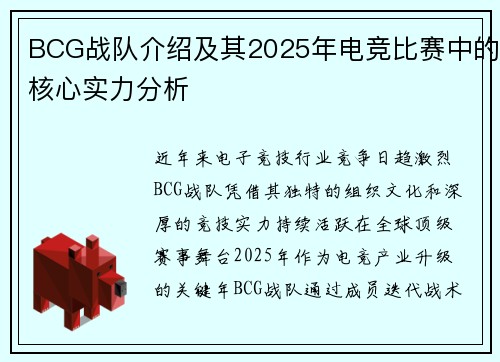 BCG战队介绍及其2025年电竞比赛中的核心实力分析
