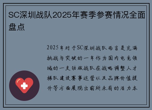 SC深圳战队2025年赛季参赛情况全面盘点