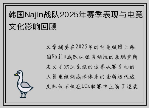 韩国Najin战队2025年赛季表现与电竞文化影响回顾