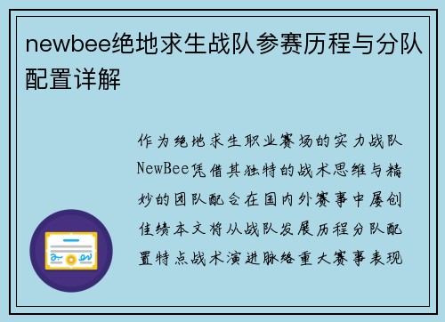 newbee绝地求生战队参赛历程与分队配置详解
